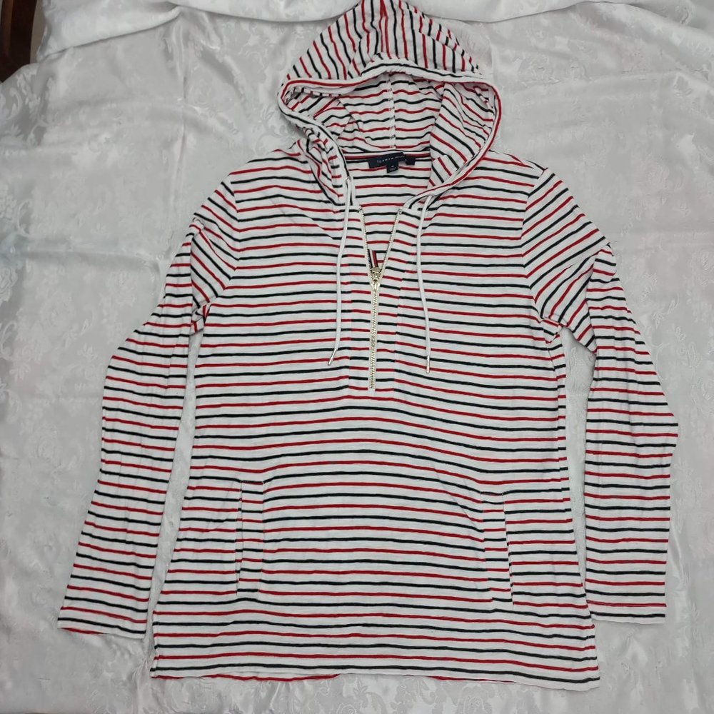 Tommy Hilfiger Red/White/Blue Striped Hooded Zip Top, Size M - VGUC